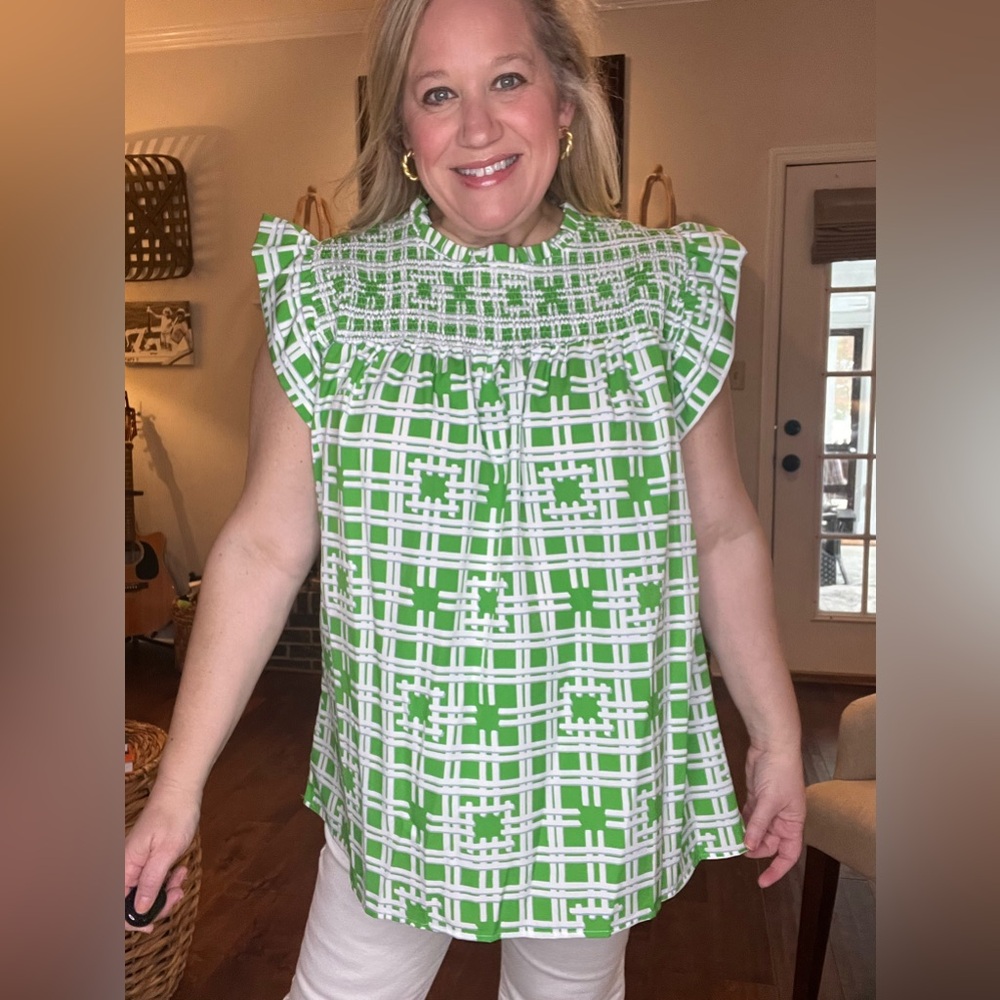 Michelle McDowell XXL green lattice print with smocked top and ruffle shoulders.